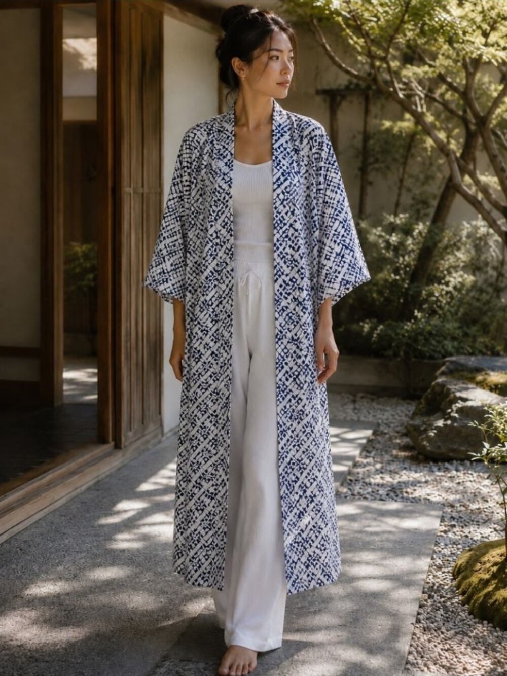 Japanese Yukata Kimono Robe Navy White Geometric Cotton 145cm Lounge Cozy